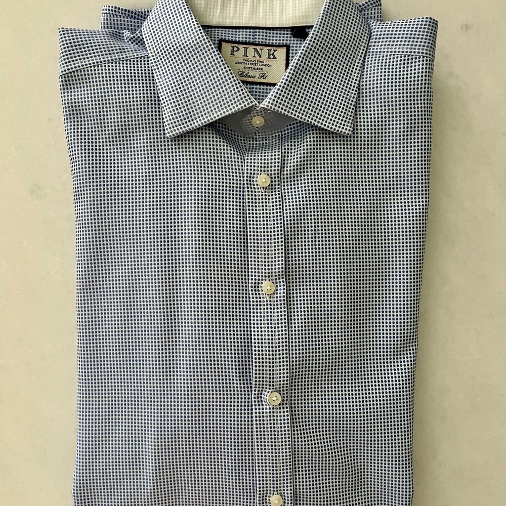Thomas Pink Blue Micro-Grid Dress Shirt